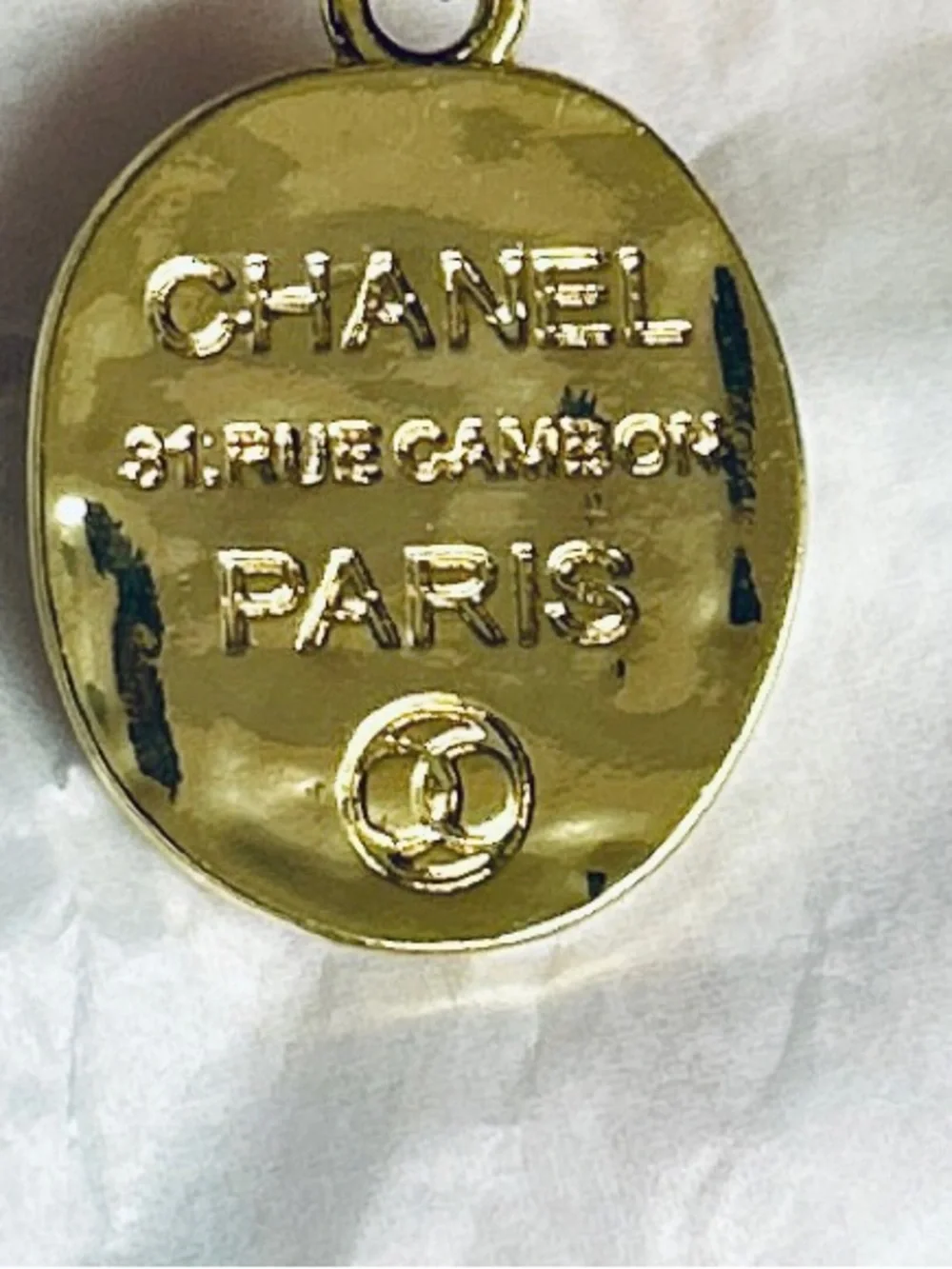 CHANEL Gold Tone Paris Logo Disc Pendant on Chain